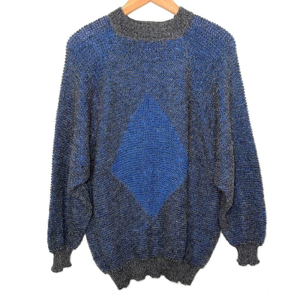 Vintage Men’s Chunky Knit Blue Grey Diamond Sweater Size Medium